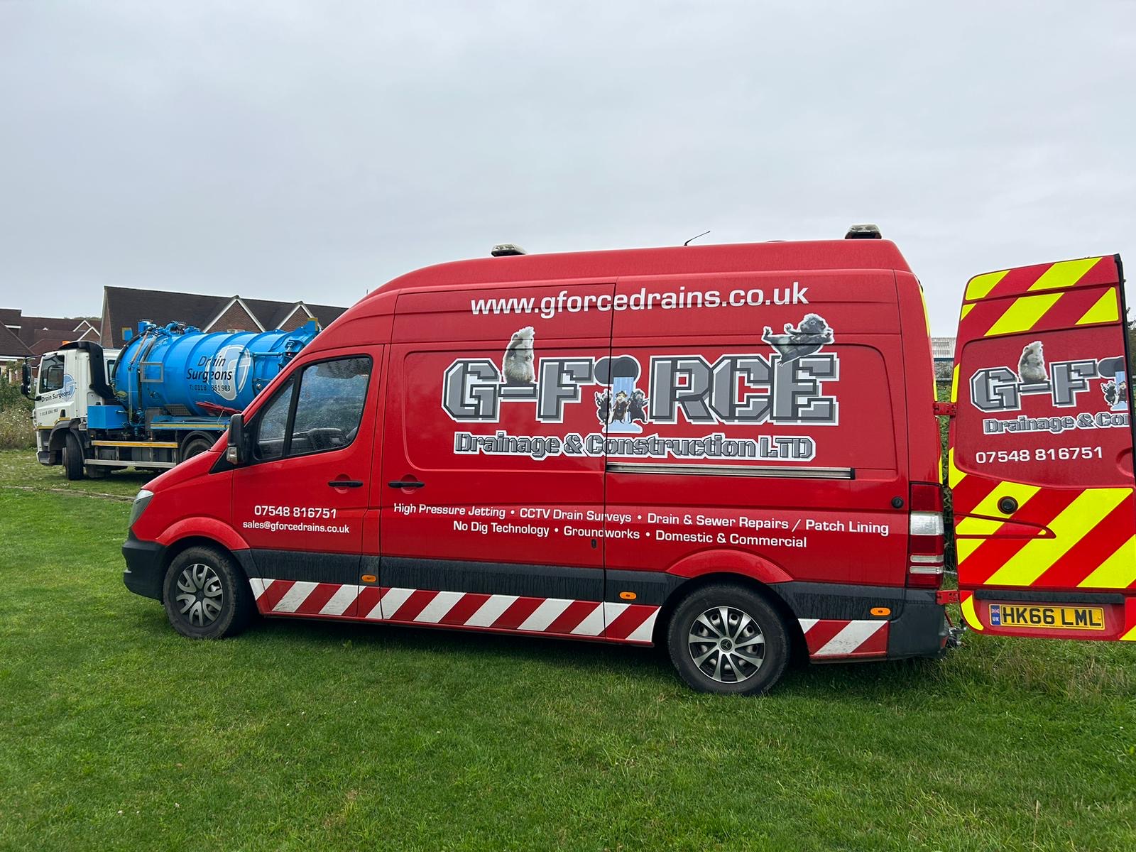 Side of a G-Force van listing high pressure jetting, CCTV drain surveys and patch lining